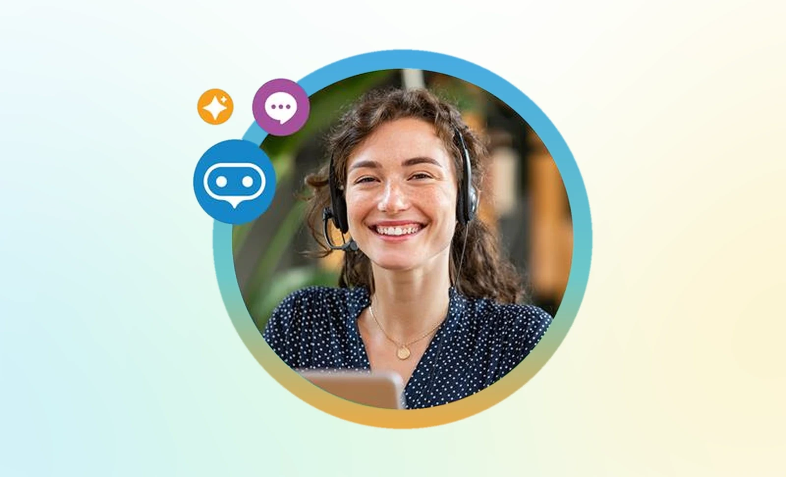 A smiling support agent with a headset in a gradient ring, with AI assistant and chat icons