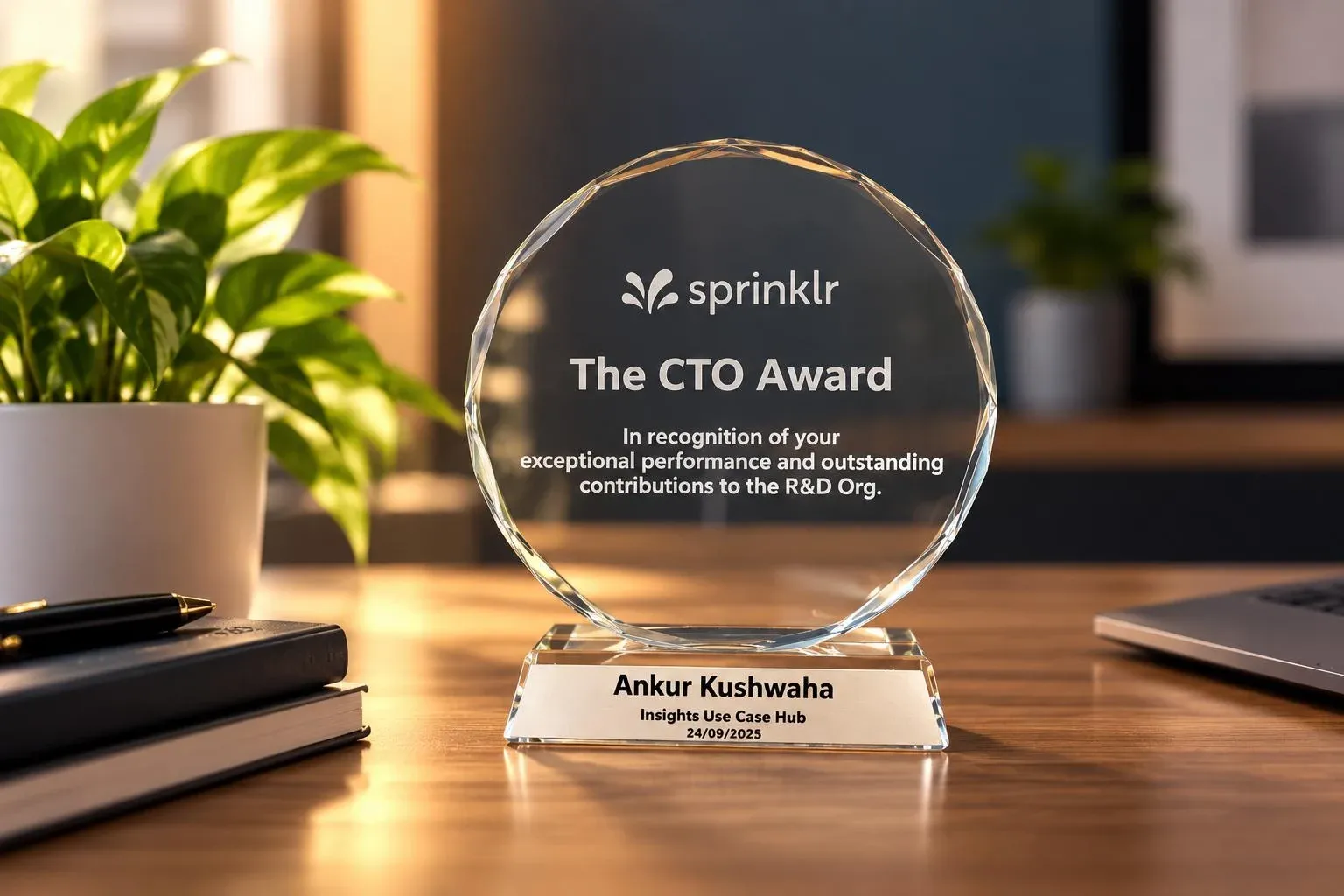 Sprinklr's CTO Award, a crystal trophy engraved Ankur Kushwaha, Insights Use Case Hub, 24/09/2025